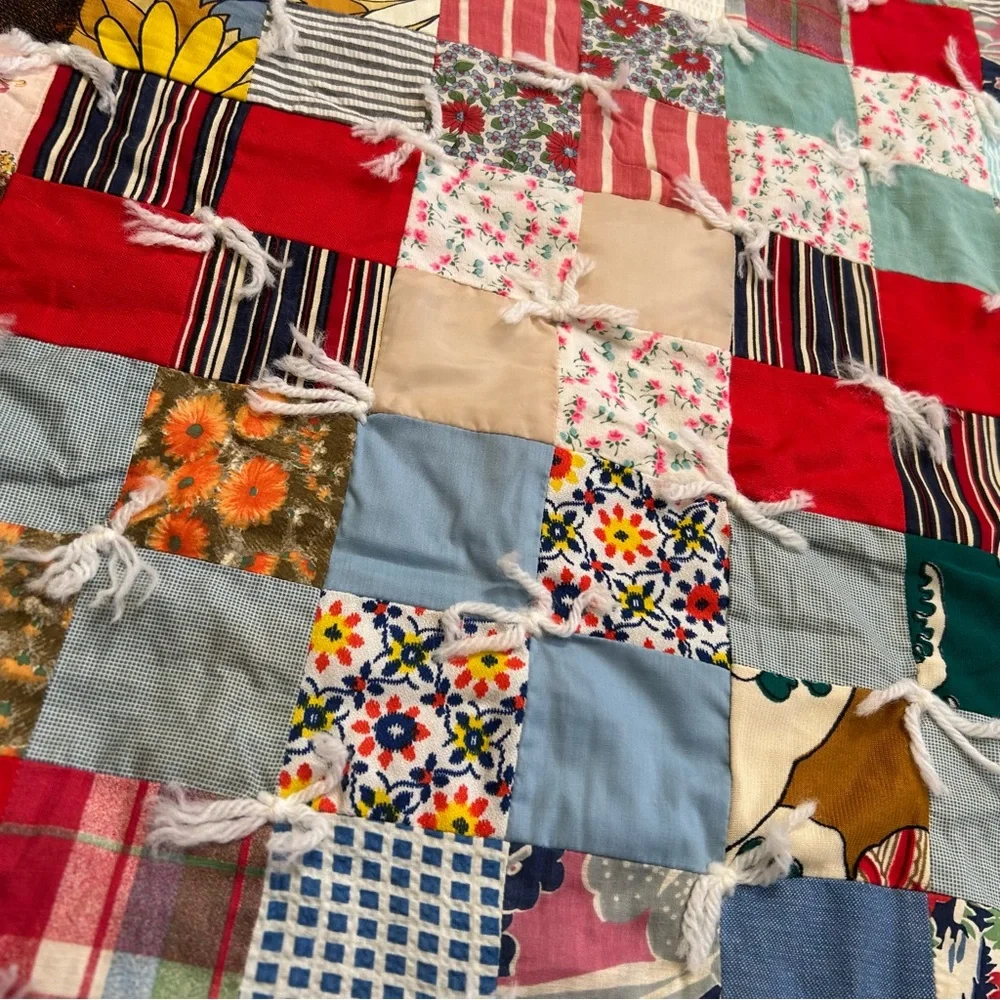 Vintage Handmade “Postage Stamp” Patchwork Quilt Multicolor Bedcover#0215265
